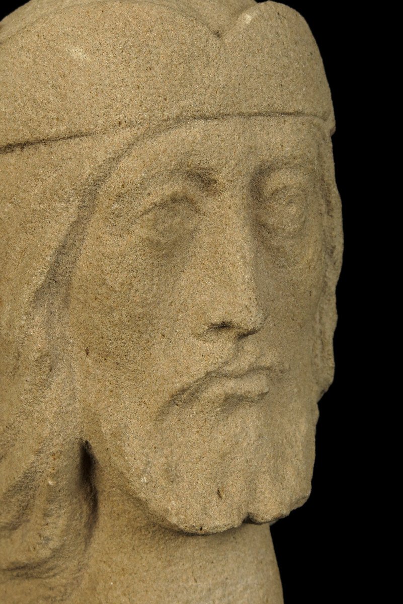 Ancien Fragment De Sculpture En Grès Jaune, Tête Du Christ.-photo-4