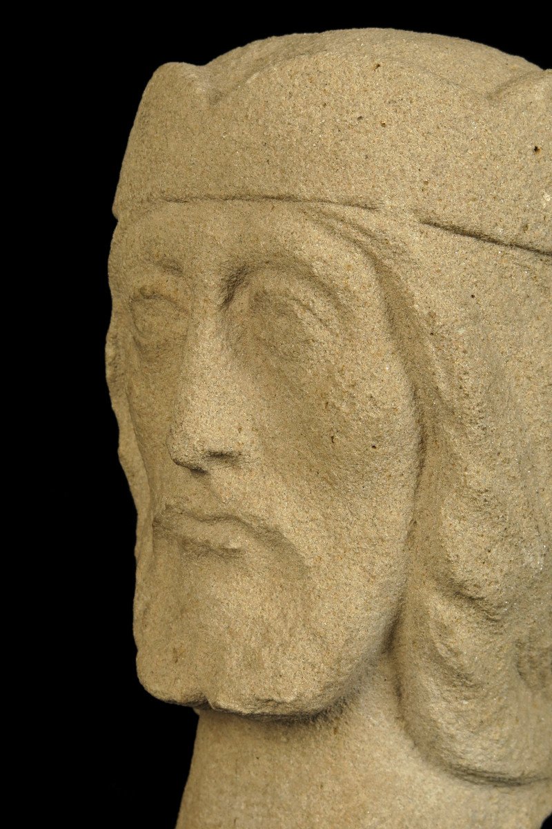 Ancien Fragment De Sculpture En Grès Jaune, Tête Du Christ.-photo-7