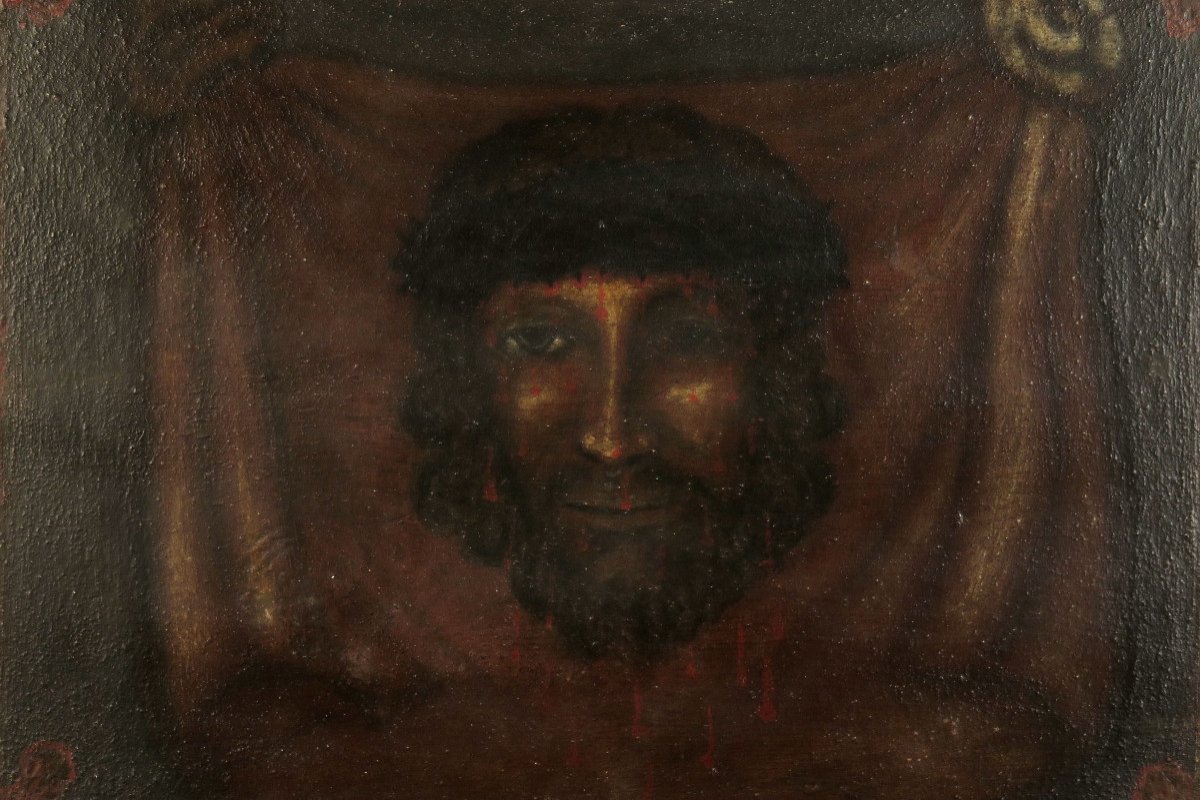 Ancienne Peinture à l'Huile Sur Panneau, Saint Suaire Vers 1850 / Christ sang-photo-2