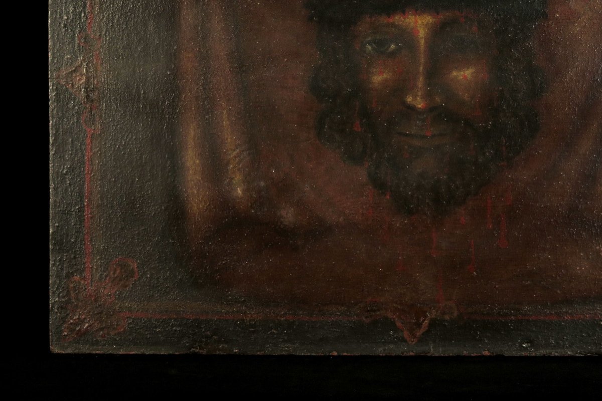 Ancienne Peinture à l'Huile Sur Panneau, Saint Suaire Vers 1850 / Christ sang-photo-1