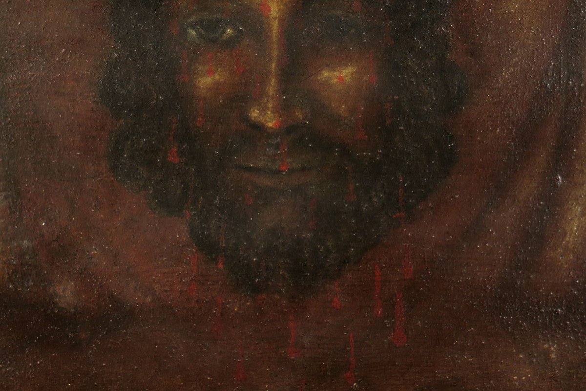 Ancienne Peinture à l'Huile Sur Panneau, Saint Suaire Vers 1850 / Christ sang-photo-4