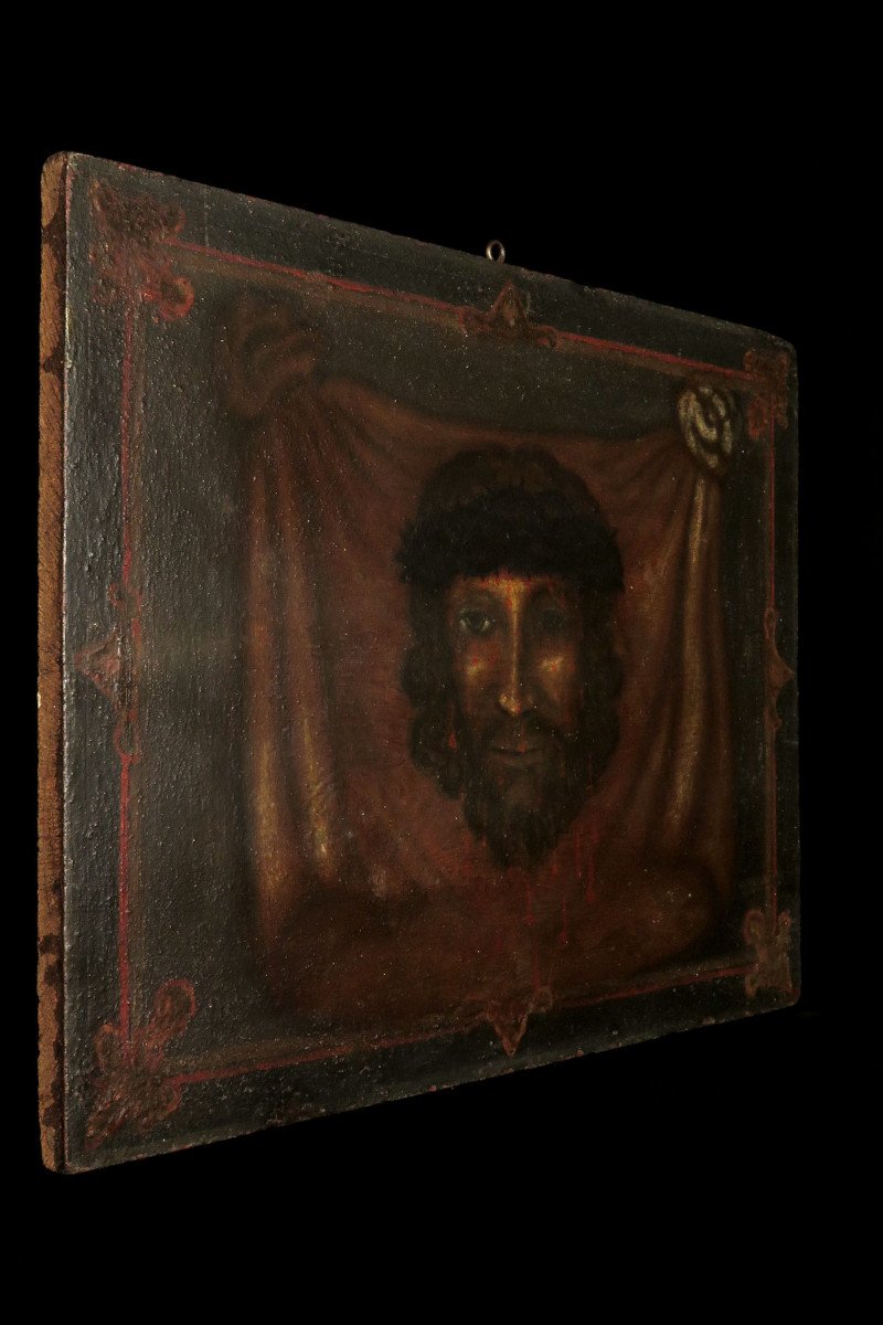 Ancienne Peinture à l'Huile Sur Panneau, Saint Suaire Vers 1850 / Christ sang-photo-5