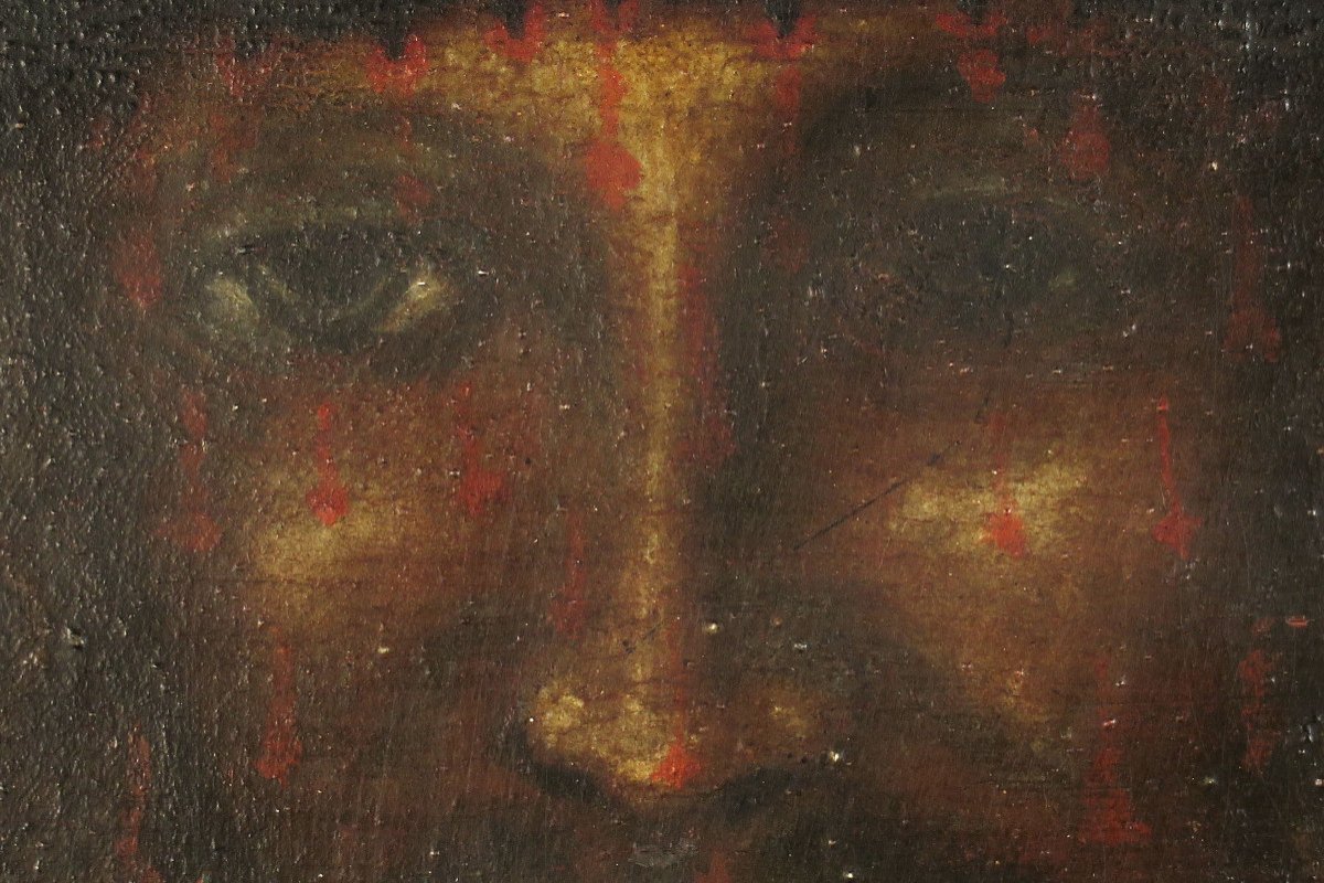 Ancienne Peinture à l'Huile Sur Panneau, Saint Suaire Vers 1850 / Christ sang-photo-7