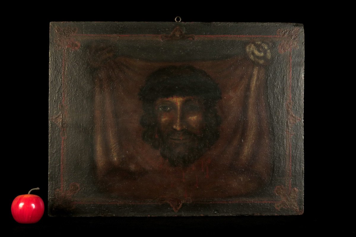 Ancienne Peinture à l'Huile Sur Panneau, Saint Suaire Vers 1850 / Christ sang