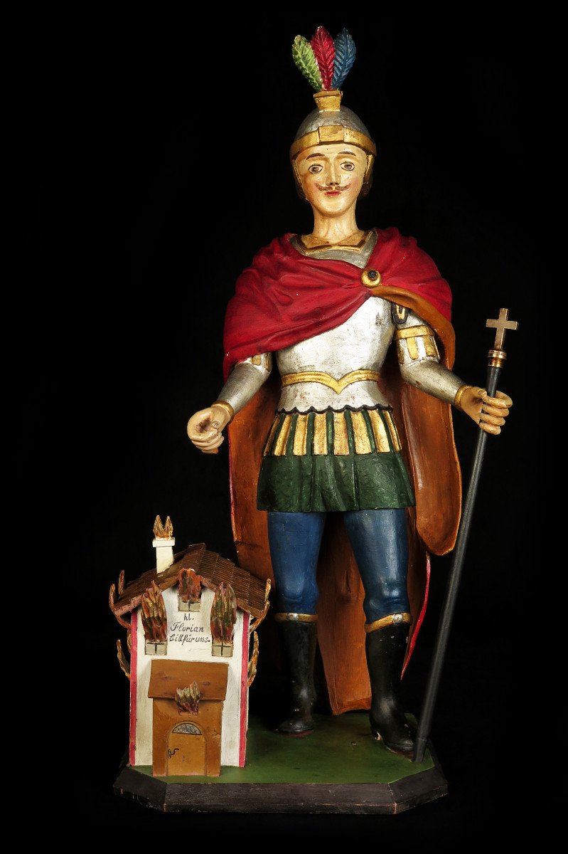 Ancienne Sculpture Bois Polychrome , Ex-voto De Saint Florian, Art Populaire Vers 1880.-photo-2