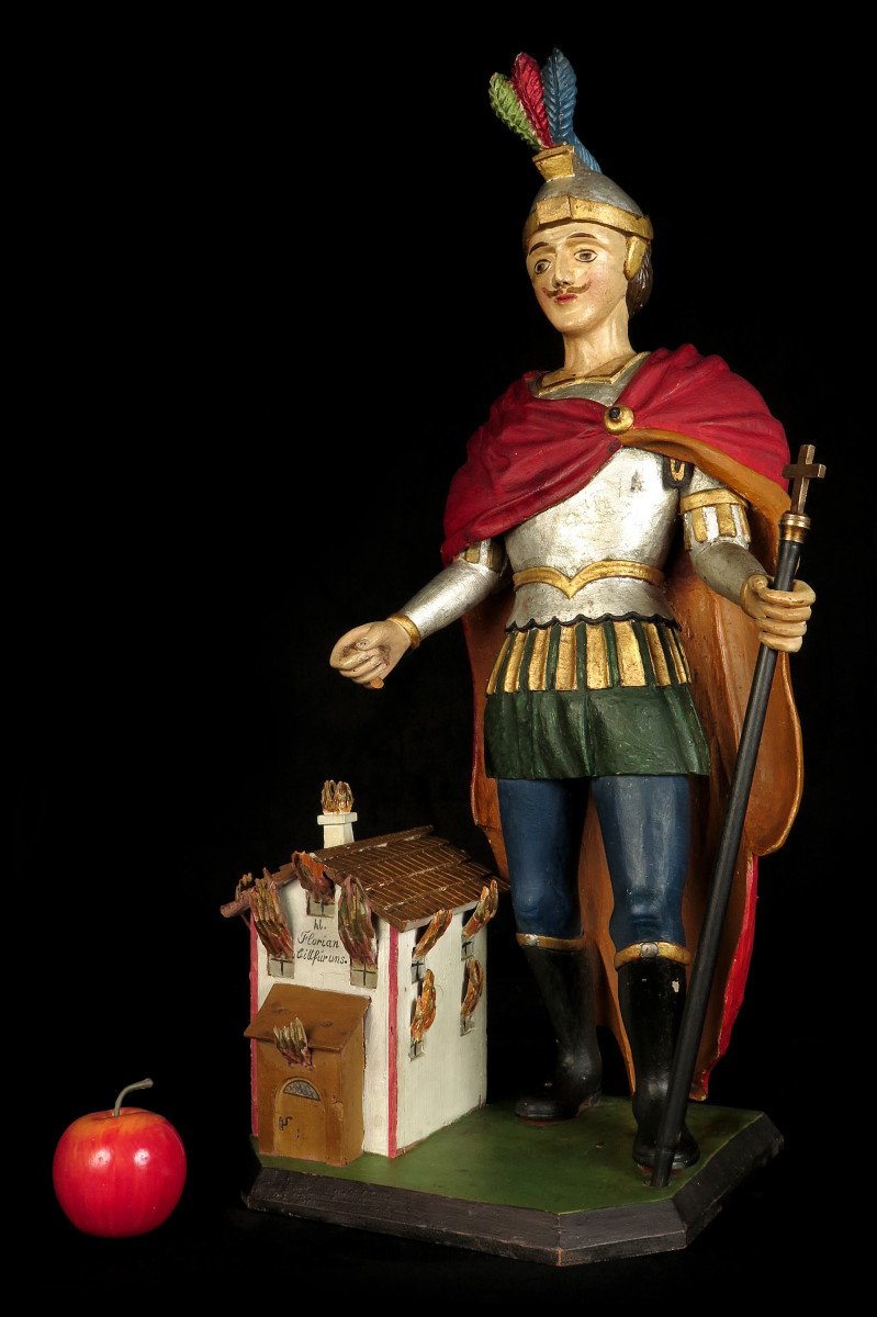 Ancienne Sculpture Bois Polychrome , Ex-voto De Saint Florian, Art Populaire Vers 1880.