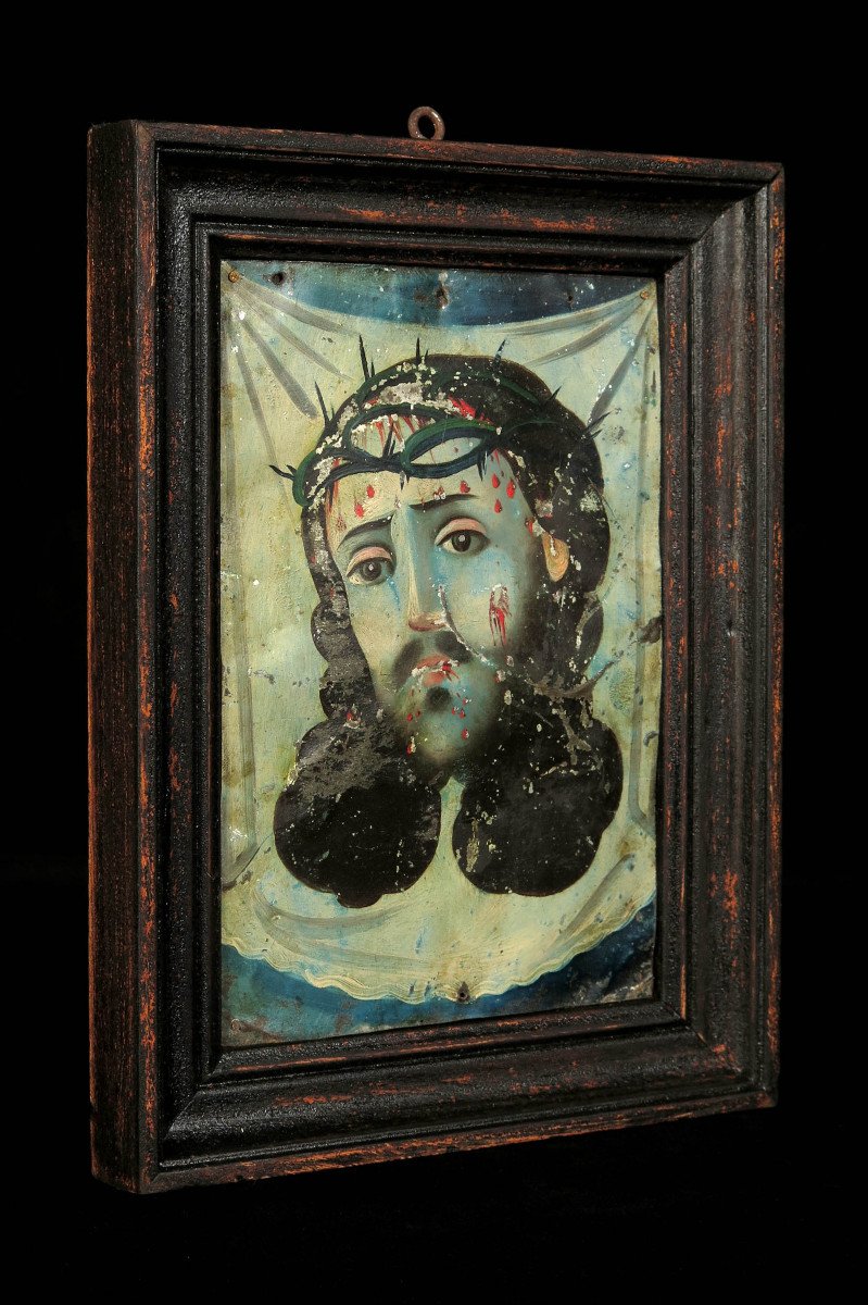 étonnant Et Ancien Portait, Peinture Sur Tôle Vers 1850. Visage Du Christ Saint Suaire-photo-1