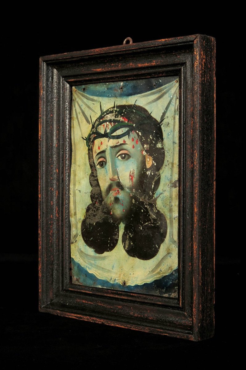 étonnant Et Ancien Portait, Peinture Sur Tôle Vers 1850. Visage Du Christ Saint Suaire-photo-4