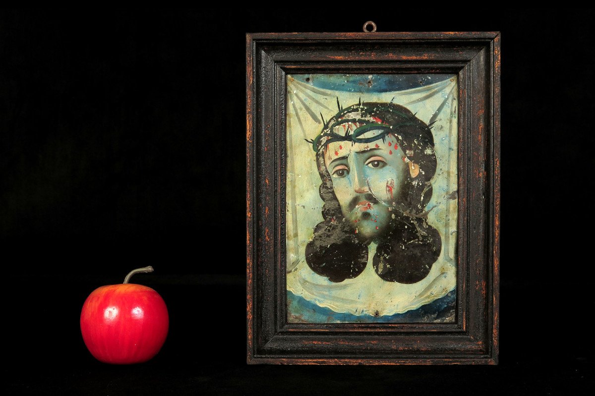 Astonishing And Old Portait, Painting On Sheet Metal Around 1850. Face Of Christ Holy Shroud-photo-5