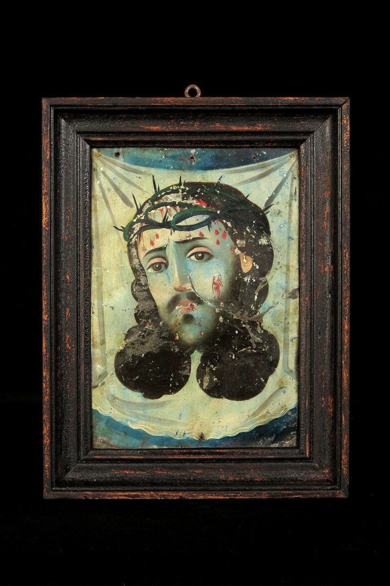 Astonishing And Old Portait, Painting On Sheet Metal Around 1850. Face Of Christ Holy Shroud