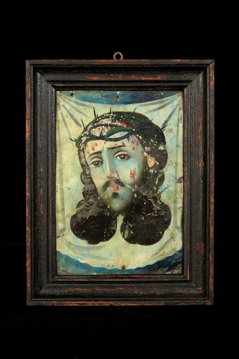 étonnant Et Ancien Portait, Peinture Sur Tôle Vers 1850. Visage Du Christ Saint Suaire