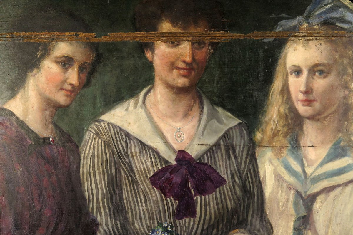 Imposante Et Ancienne Peinture à l'Huile Sur Panneau, Trio De Jeunes Femmes Datée 1919.-photo-2