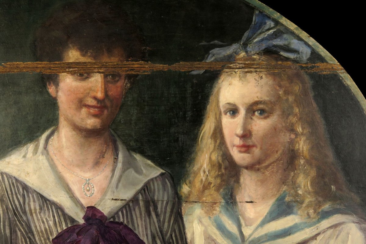 Imposante Et Ancienne Peinture à l'Huile Sur Panneau, Trio De Jeunes Femmes Datée 1919.-photo-4