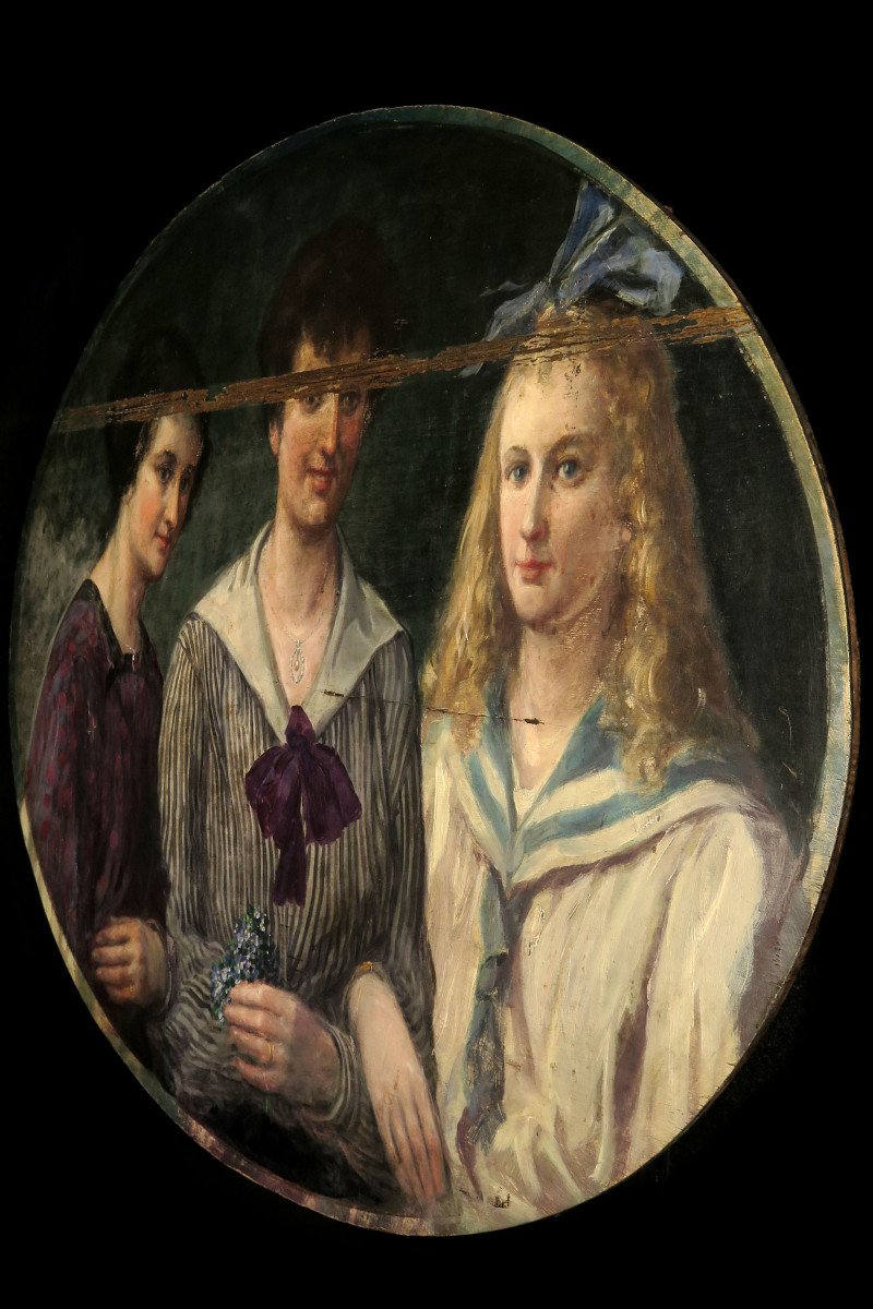 Imposante Et Ancienne Peinture à l'Huile Sur Panneau, Trio De Jeunes Femmes Datée 1919.-photo-5