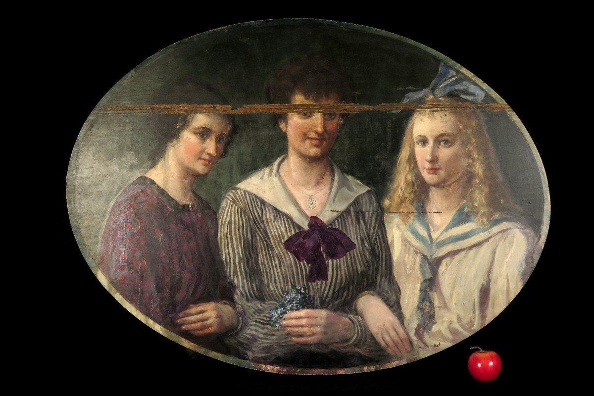 Imposante Et Ancienne Peinture à l'Huile Sur Panneau, Trio De Jeunes Femmes Datée 1919.-photo-8