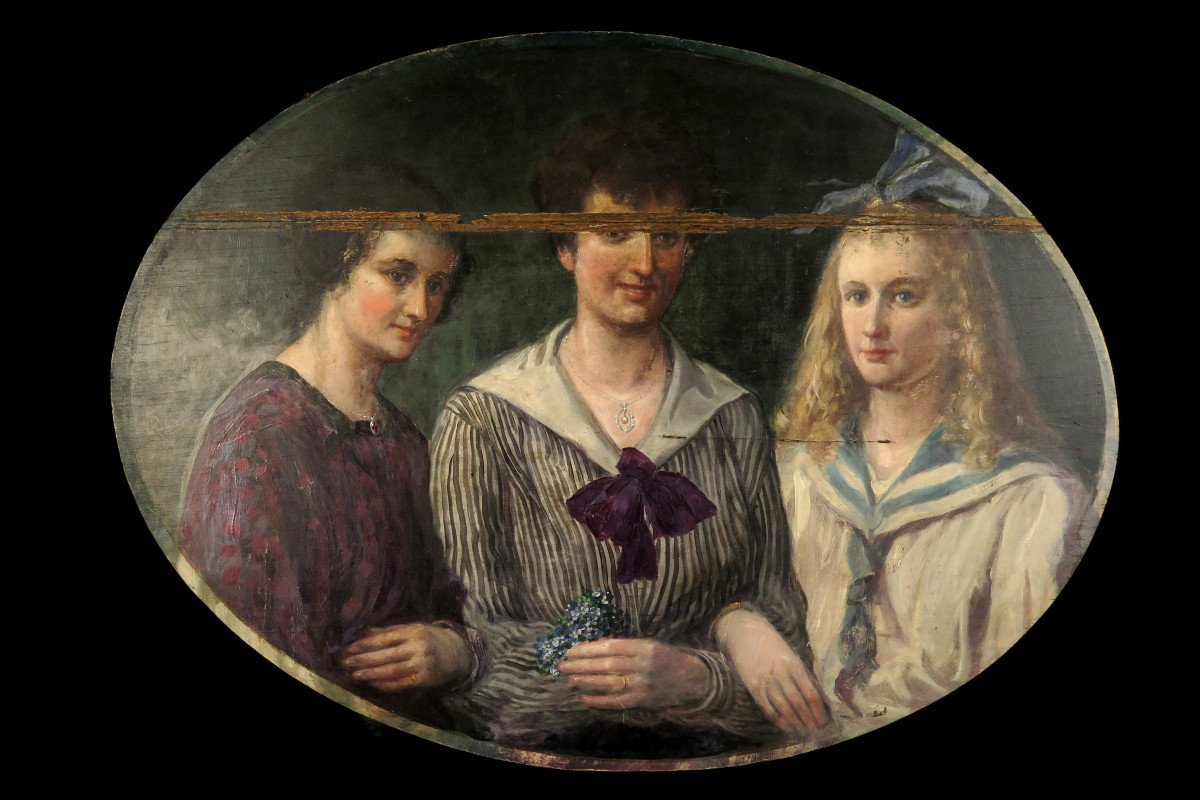 Imposante Et Ancienne Peinture à l'Huile Sur Panneau, Trio De Jeunes Femmes Datée 1919.