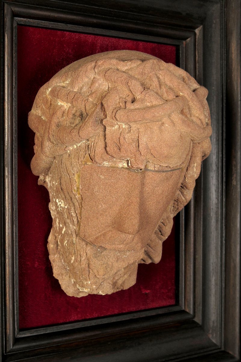 Interesting Vestige Of Sculpture, Face Of Christ. Sculpture Made In Alsace Sandstone-photo-4