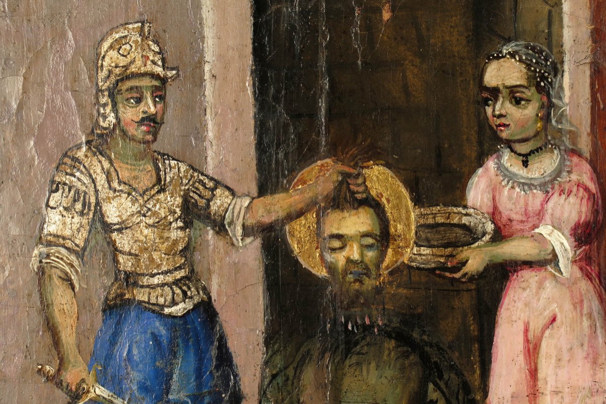 Rare Et Ancienne Icône Slave, Peinture à l'Huile Sur Panneau Vers 1880. Scène De Décapitation-photo-4