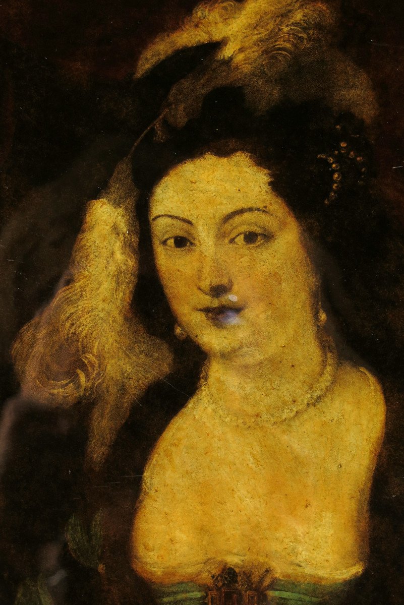 Merveilleux Et Ancien Fixé, Peinture Sous Verre C.1850 / Portrait d'Une Charmante Jeune Femme-photo-3