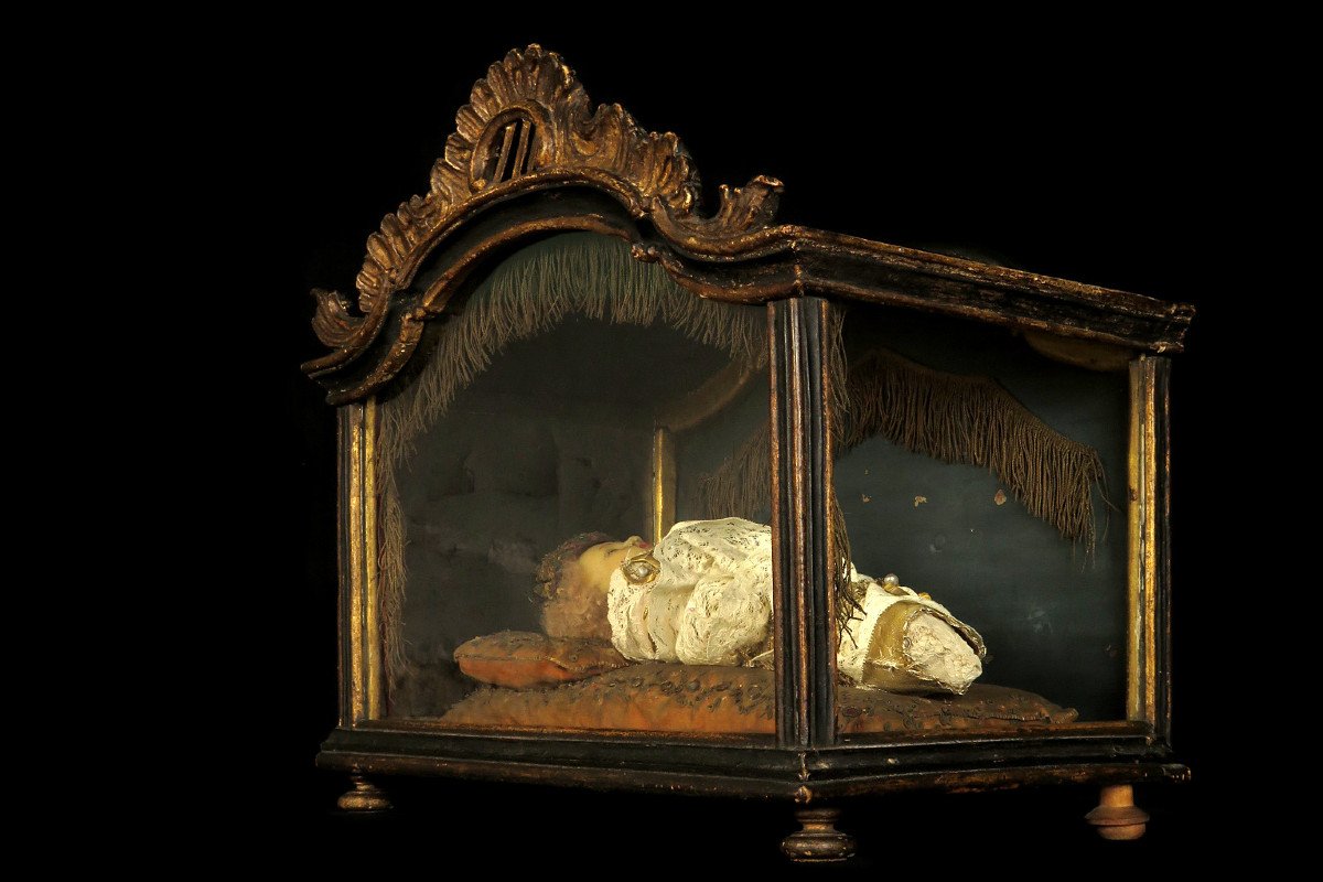 Rare Et Ancien Coffret De Dévotion à L’enfant Jésus, Vers 1800 / Sculpture Cire Yeux Verre-photo-4