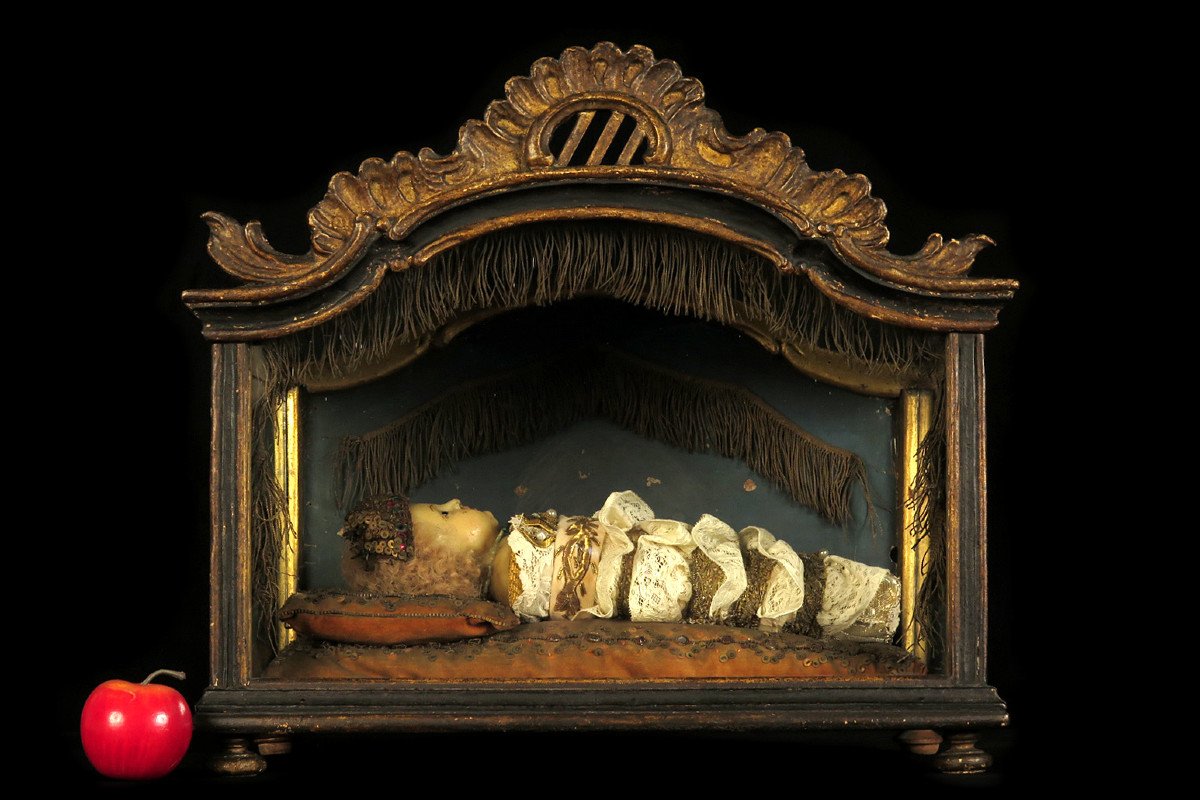 Rare Et Ancien Coffret De Dévotion à L’enfant Jésus, Vers 1800 / Sculpture Cire Yeux Verre