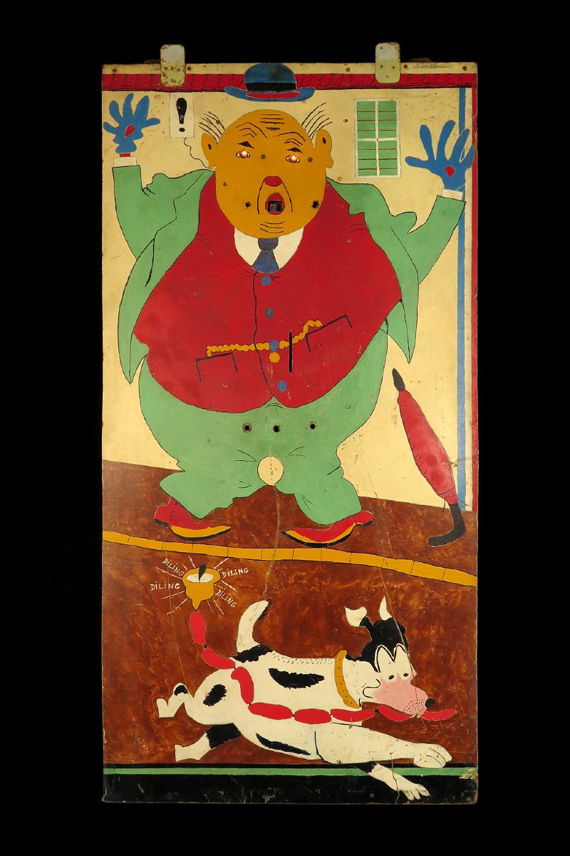 étonnante Suite De Trois Panneaux Anciens, Peinture à l'Huile Art Populaire Forain Vers 1930.-photo-1