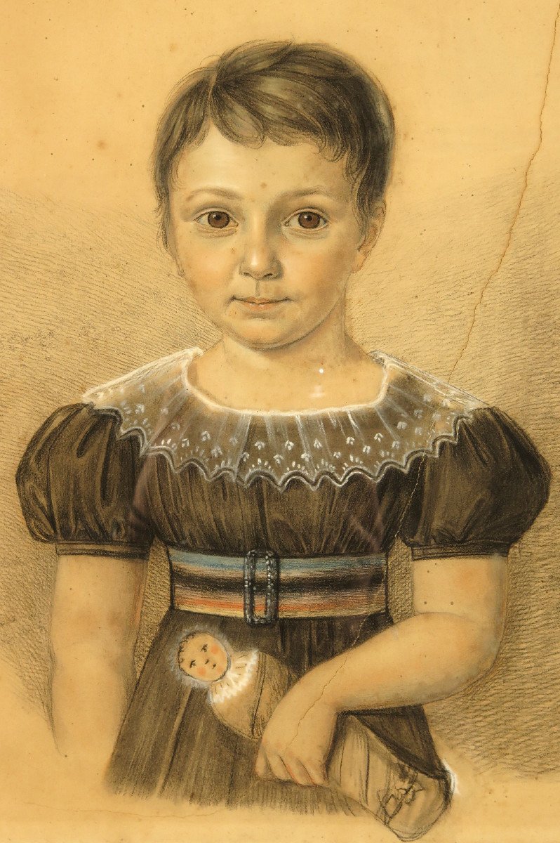 Rare And Old Suite Of Portraits, Family Circa 1880. Pastels And Charcoal Drawings-photo-2