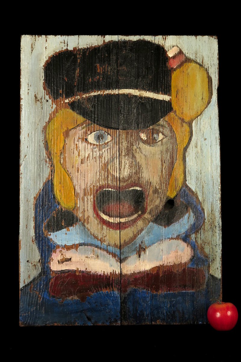 Astonishing Painted Wooden Panel, Folk Art Circa 1920 / Fairground Art Portrait Painting