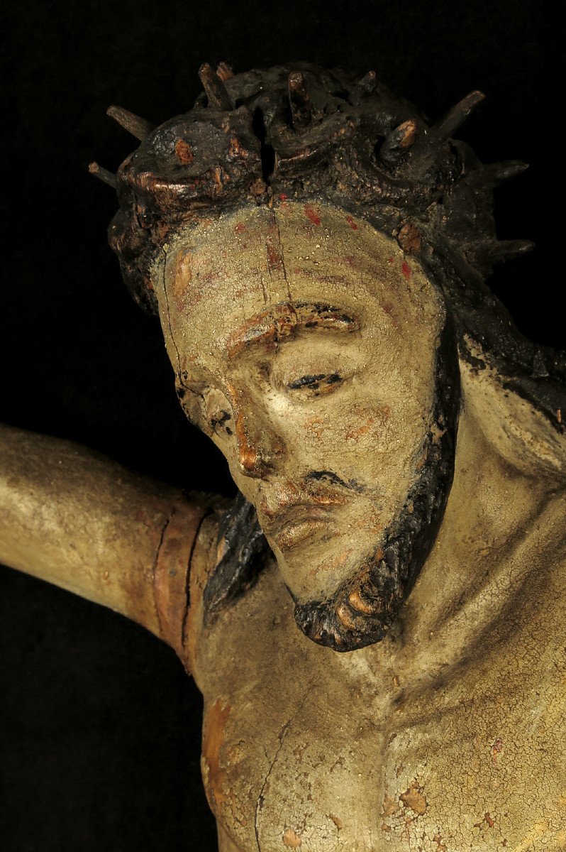 Ancien Christ En Bois Sculpté, Art Populaire Vers 1800 / Religion Devotion Patine-photo-4