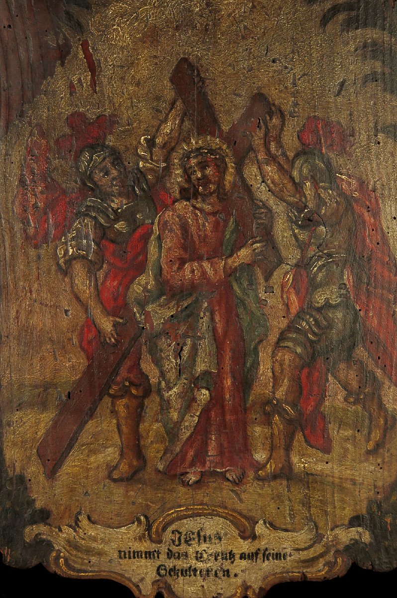 Rare And Ancient Element Of Stations Of The Cross, Oil Painting On Panel XVII-xviii Century-photo-2