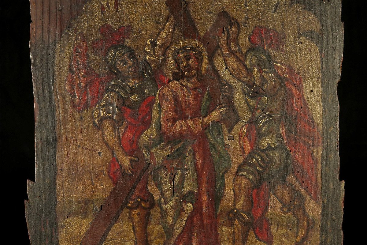 Rare And Ancient Element Of Stations Of The Cross, Oil Painting On Panel XVII-xviii Century-photo-4