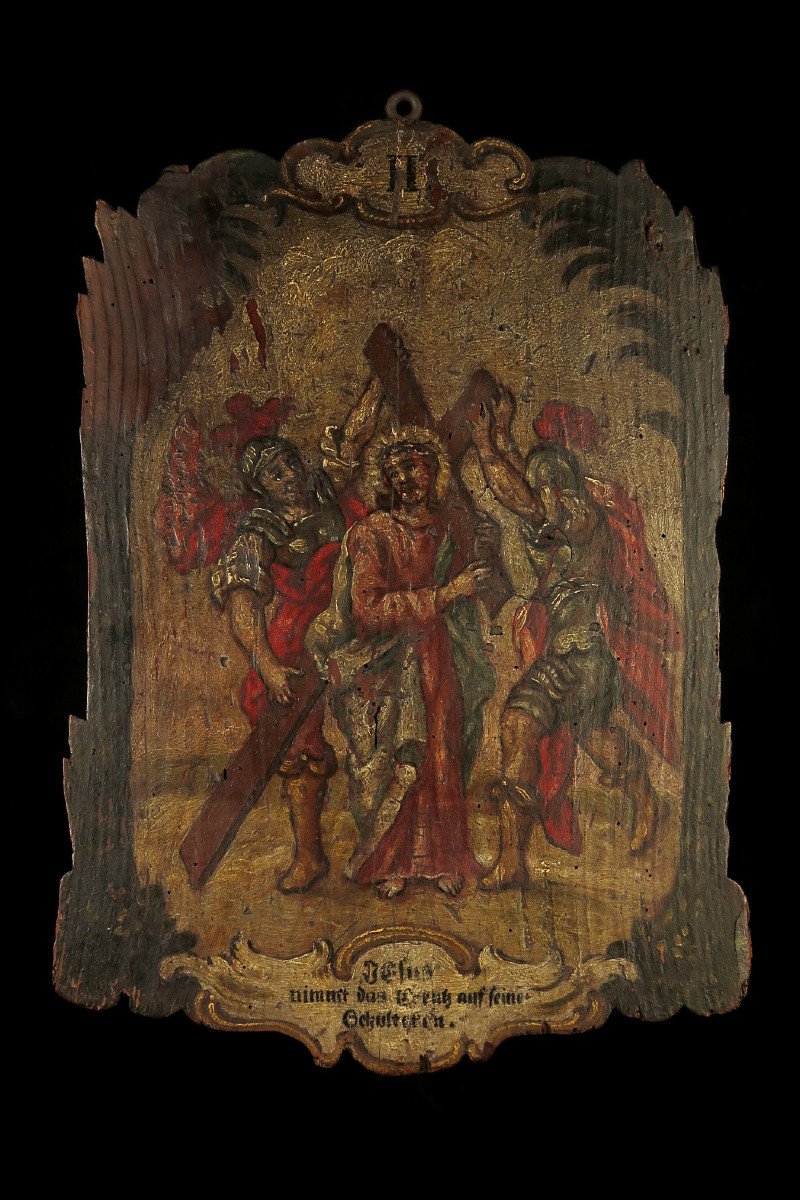 Rare Et Ancien élément De Chemin De Croix, Peinture à l'Huile Sur Panneau XVII-xviiieme Siècle-photo-8