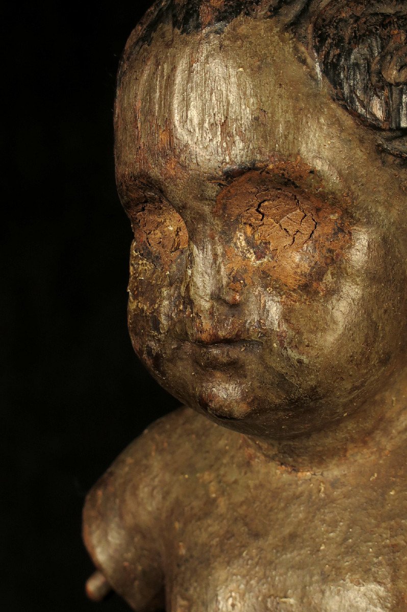 Ancient Christ Child In Polychrome Carved Wood, Circa 1700 / 17th 18th Century Sculpture-photo-3