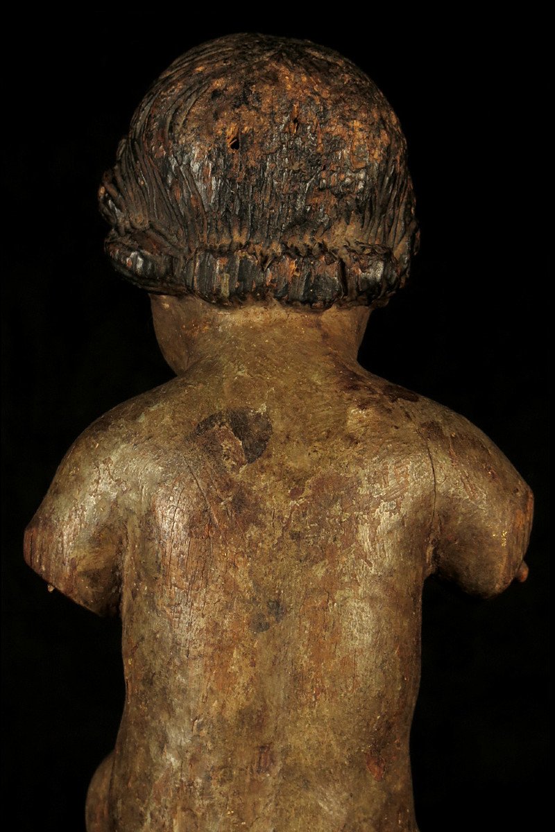 Ancient Christ Child In Polychrome Carved Wood, Circa 1700 / 17th 18th Century Sculpture-photo-5