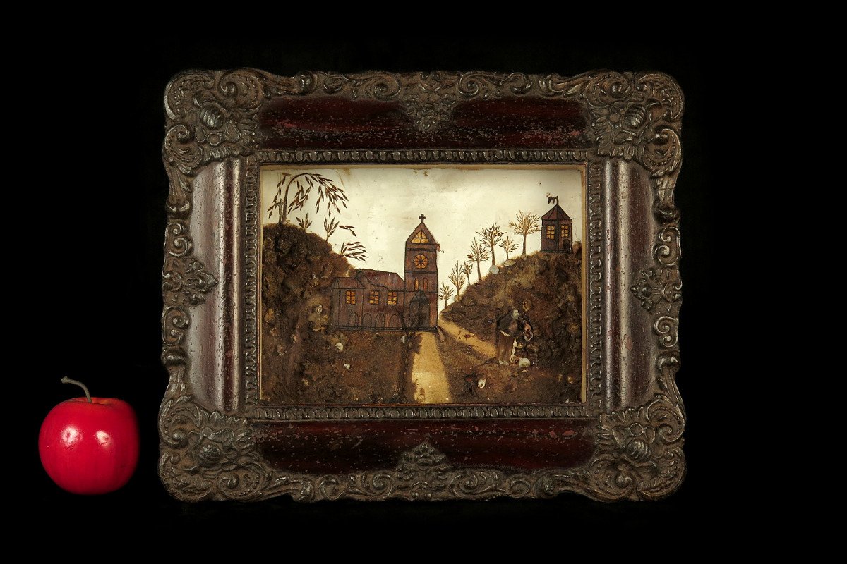 étonnant Et Ancien Diorama, Souvenir Mortuaire Vers 1880 / Cadre Cheveux Cabinet Curiosités