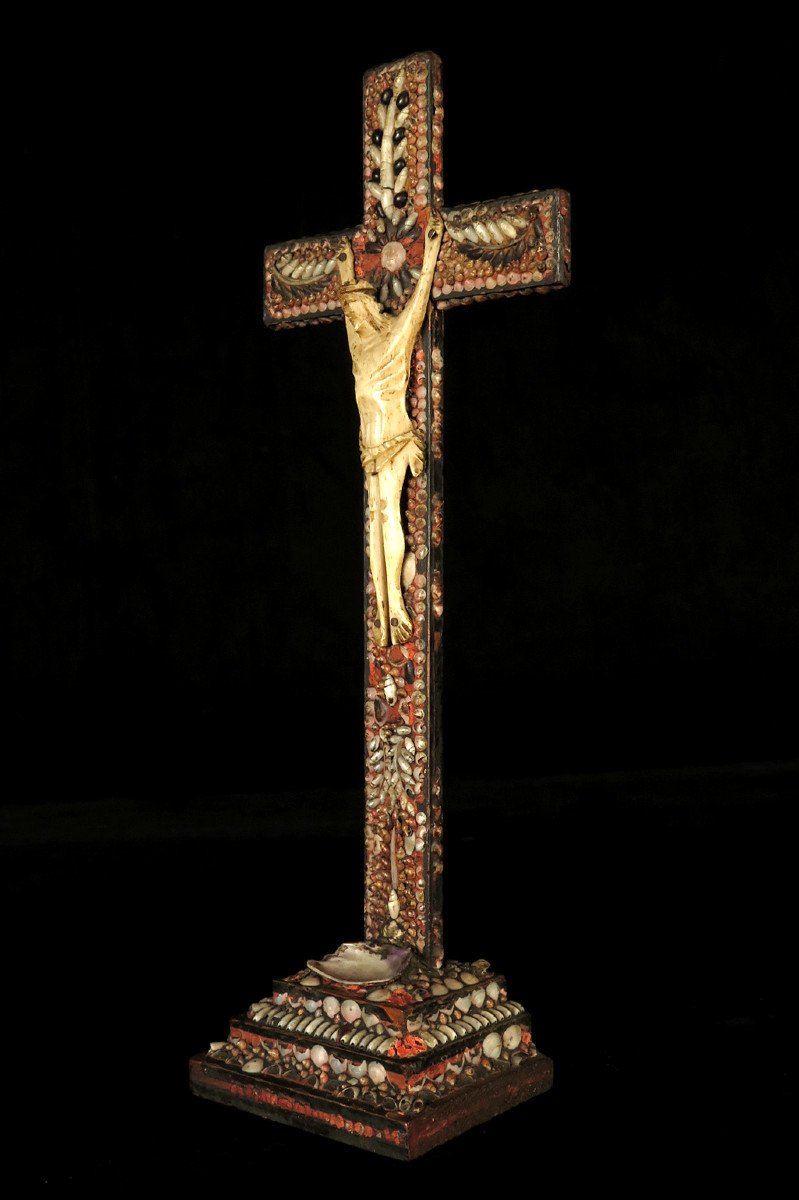 Lot Of Two Old Crosses, Folk Art Circa 1850 / Shell Bone Wood Sculpture-photo-8