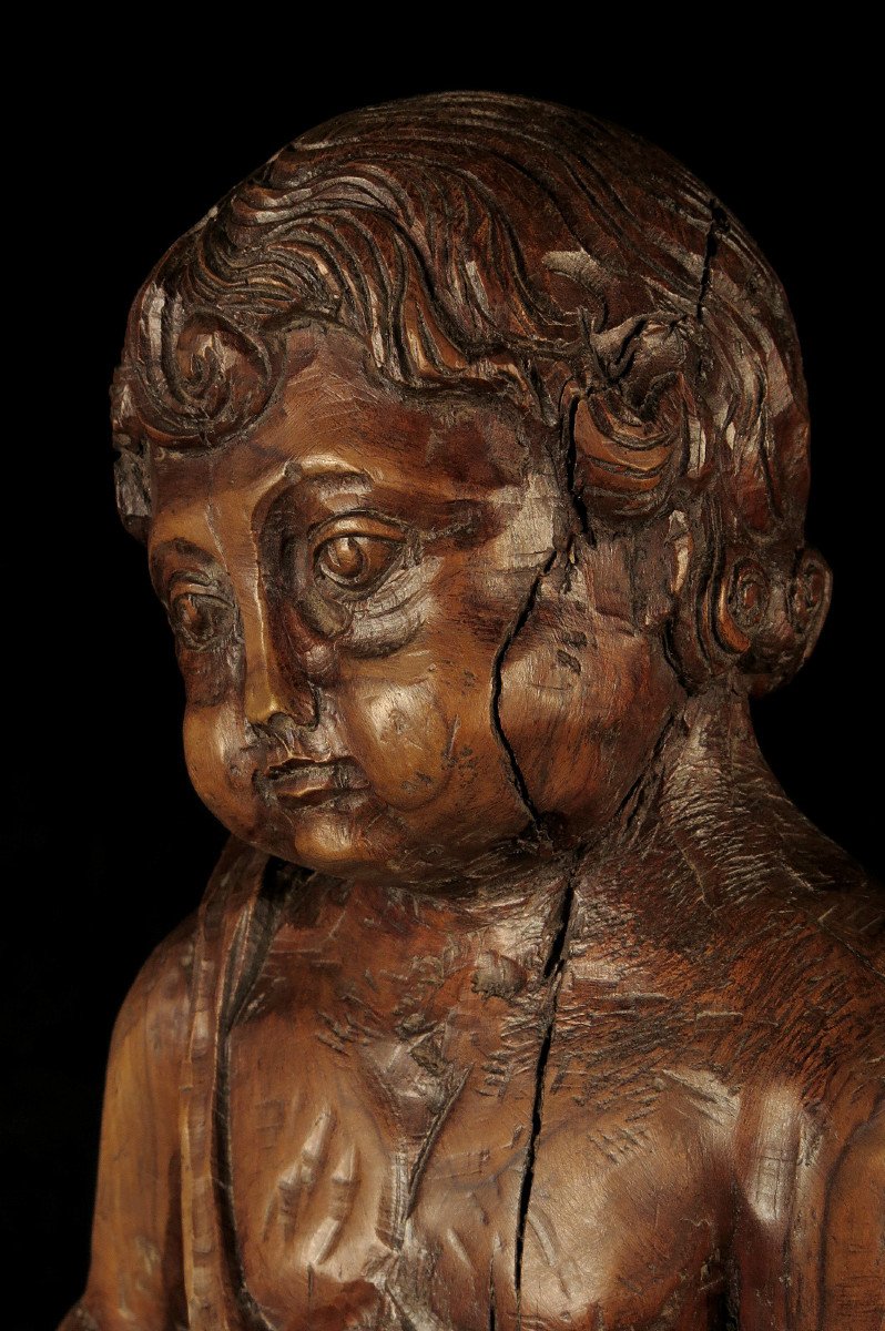 Ancienne Et étonnante Sculpture Sur Bois, Art Populaire Vers 1850 / Saint Jean En Chêne Agneau-photo-1