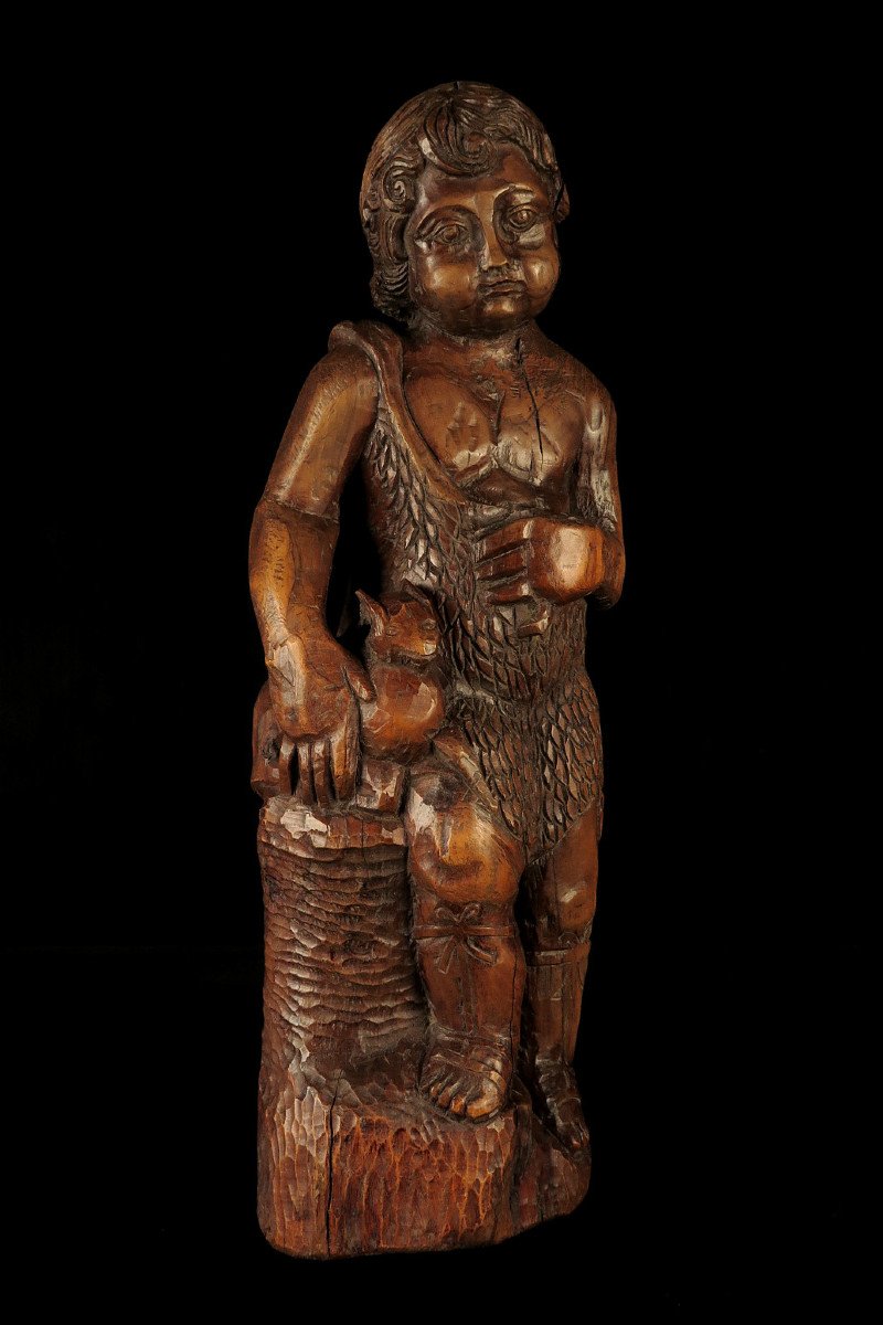 Ancienne Et étonnante Sculpture Sur Bois, Art Populaire Vers 1850 / Saint Jean En Chêne Agneau-photo-4
