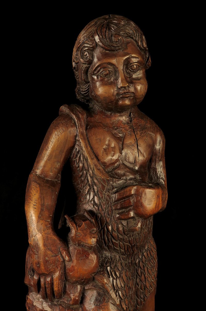 Ancienne Et étonnante Sculpture Sur Bois, Art Populaire Vers 1850 / Saint Jean En Chêne Agneau-photo-5