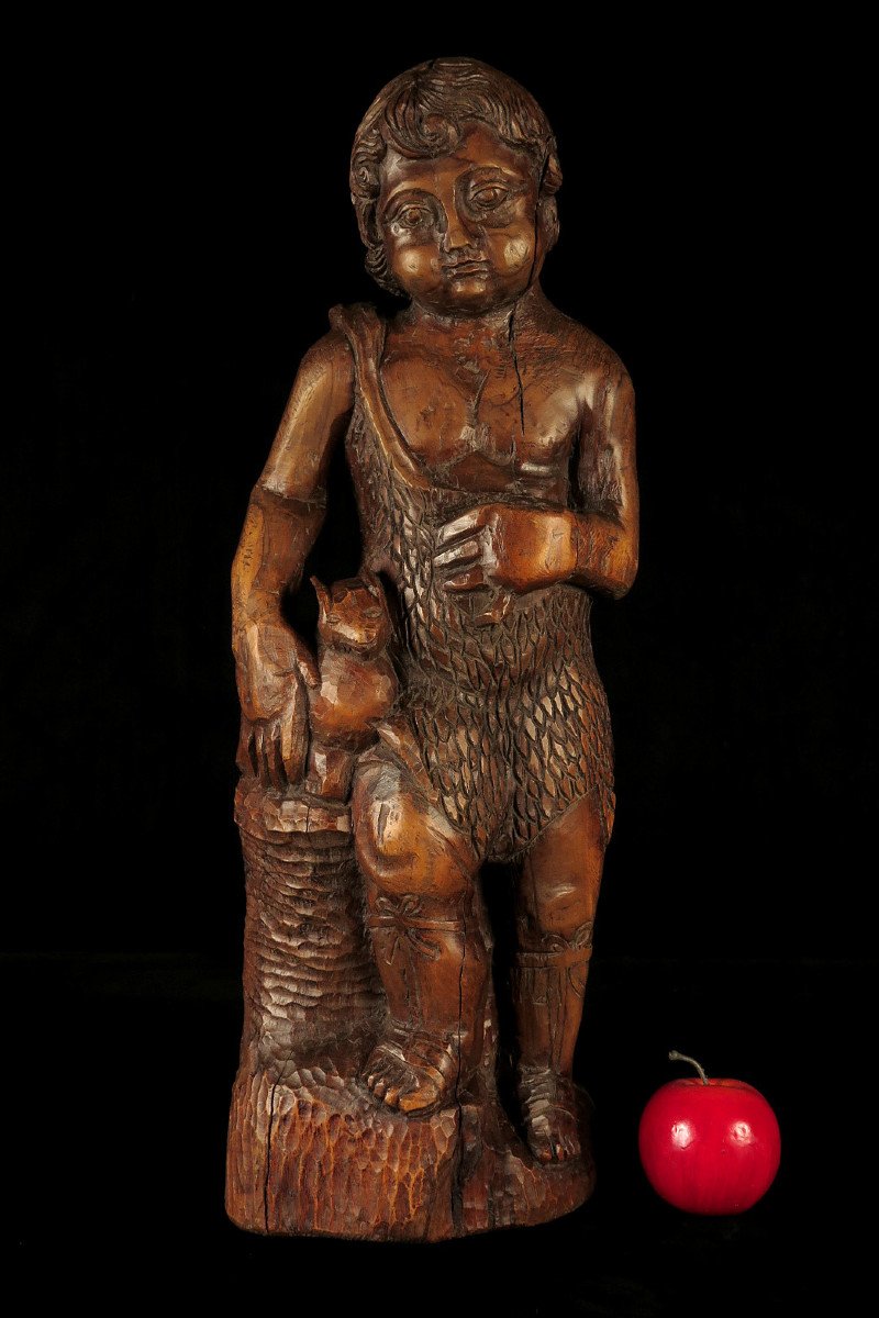 Ancienne Et étonnante Sculpture Sur Bois, Art Populaire Vers 1850 / Saint Jean En Chêne Agneau