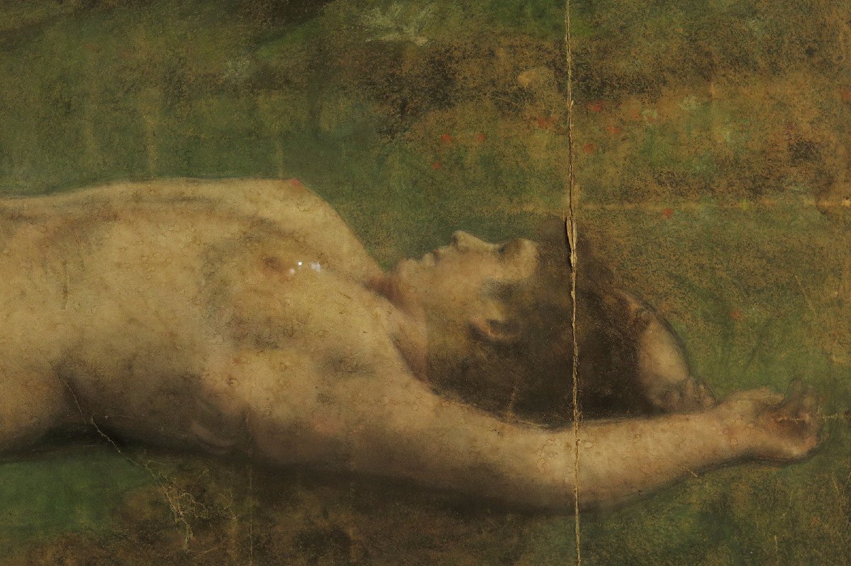 Wonderful And Old Vestige Of Pastel Drawing, Naked Woman In The Forest Circa 1880.-photo-3