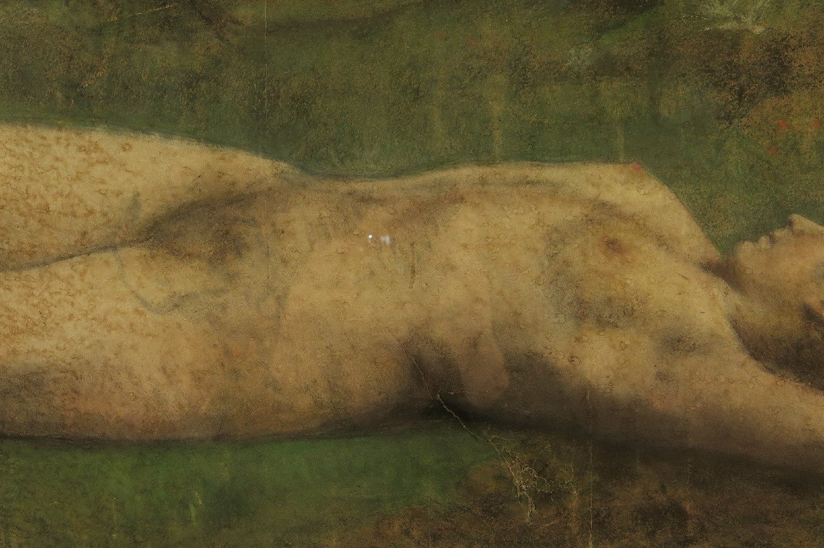 Merveilleux Et Ancien Vestige De Dessin Pastel, Femme Nue Dans La Foret Vers 1880.-photo-4