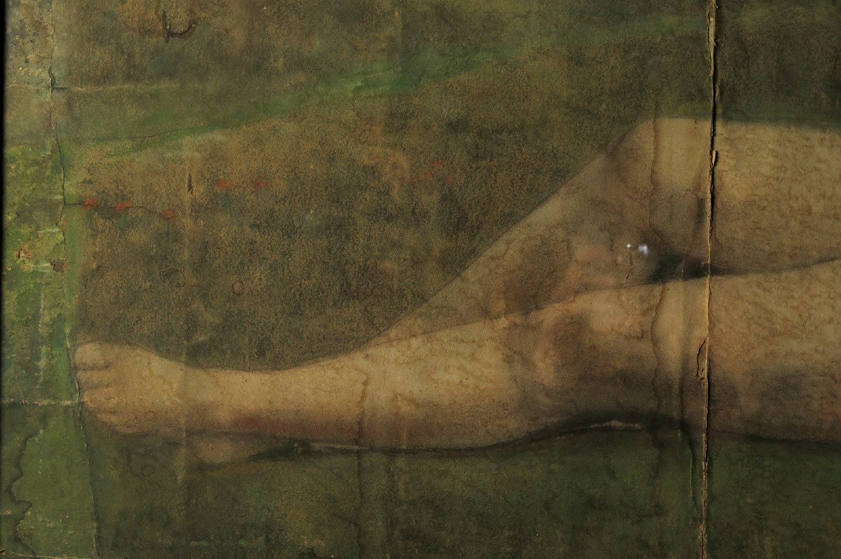 Merveilleux Et Ancien Vestige De Dessin Pastel, Femme Nue Dans La Foret Vers 1880.-photo-1