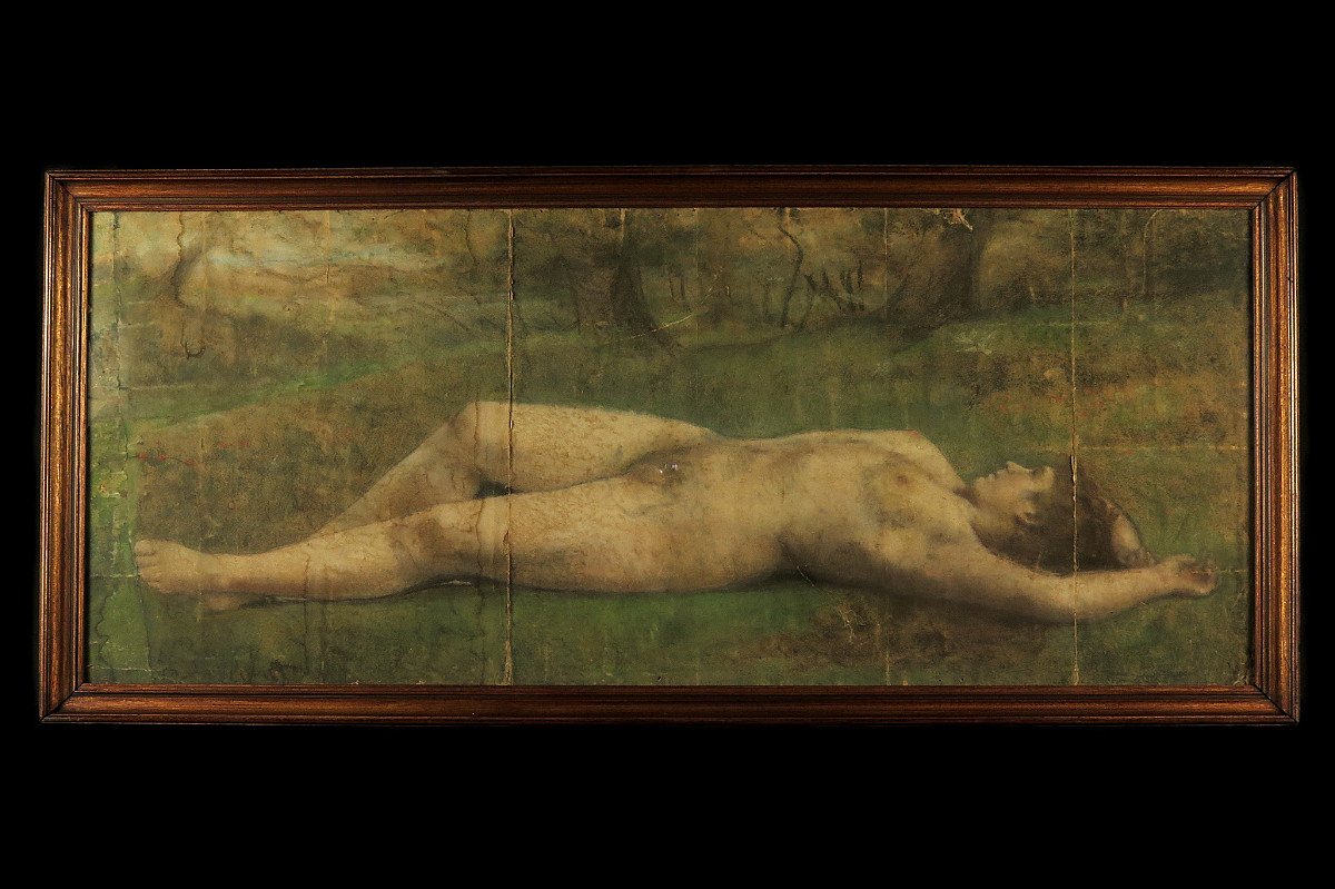Wonderful And Old Vestige Of Pastel Drawing, Naked Woman In The Forest Circa 1880.