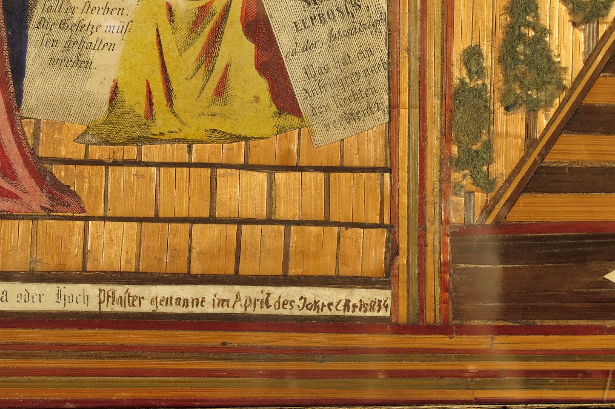 Rare Et Ancien Tableau, Marqueterie De Paille Et Gravures Vers 1850 / Art Populaire-photo-3