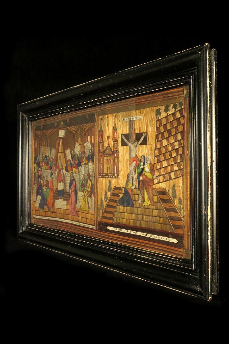 Rare Et Ancien Tableau, Marqueterie De Paille Et Gravures Vers 1850 / Art Populaire-photo-5