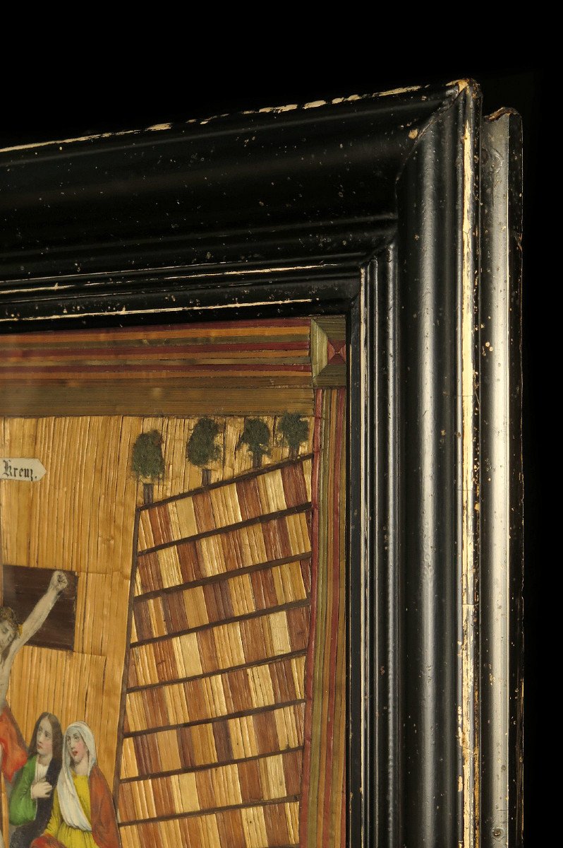 Rare Et Ancien Tableau, Marqueterie De Paille Et Gravures Vers 1850 / Art Populaire-photo-6
