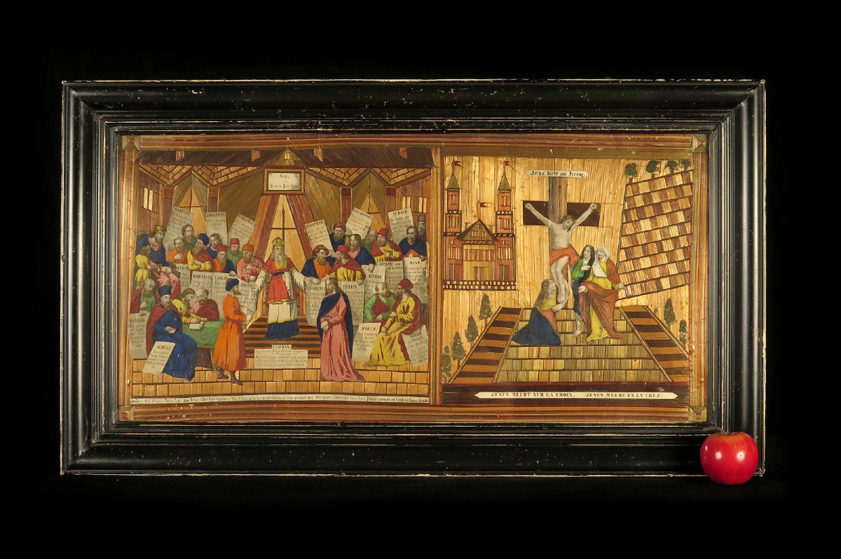 Rare Et Ancien Tableau, Marqueterie De Paille Et Gravures Vers 1850 / Art Populaire