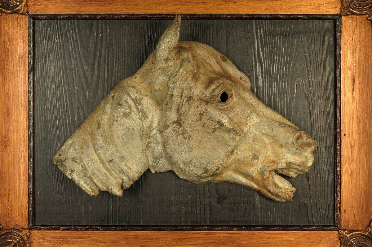 Rare Et Ancien Vestige d'Enseigne De Boucherie Chevaline En Zinc Vers 1880-photo-2
