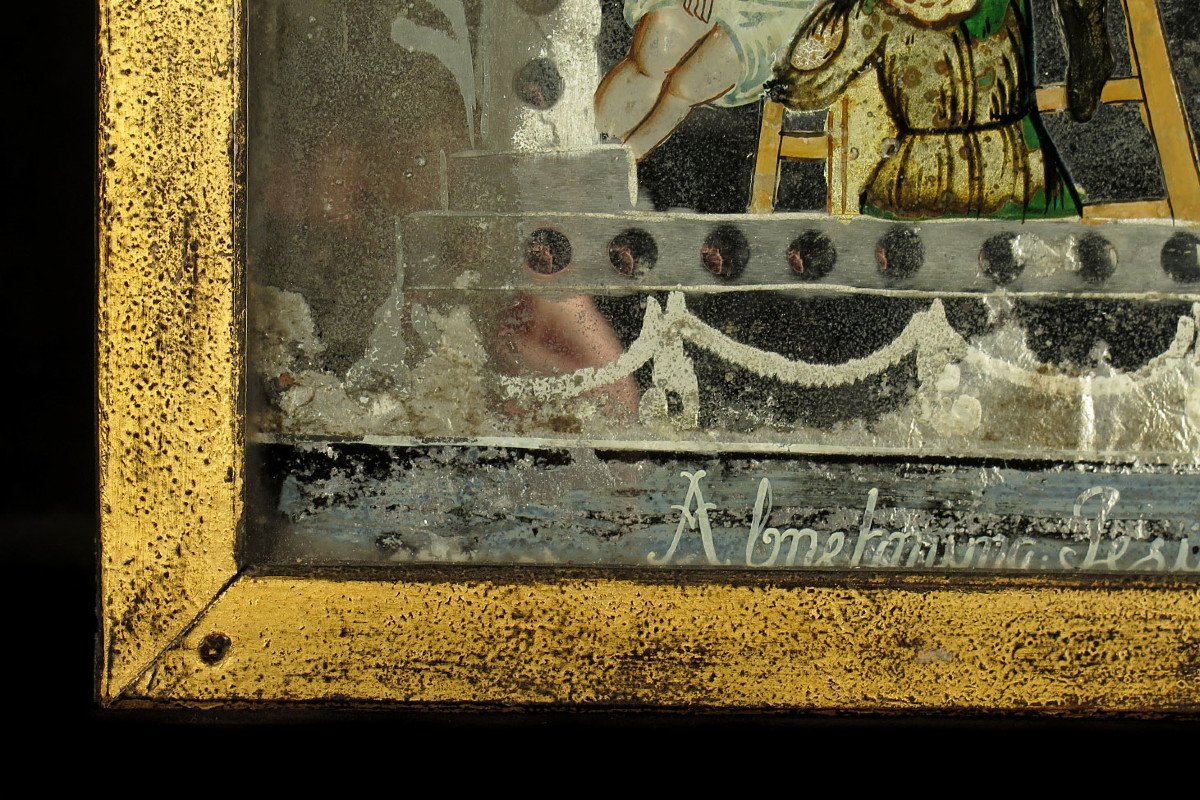 Rare Et Ancien Fixé Sous Verre, Peinture Inversée Vers 1850.-photo-5